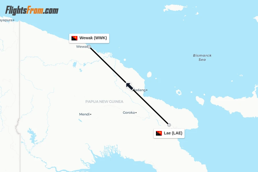 Flights from Lae to Wewak route map