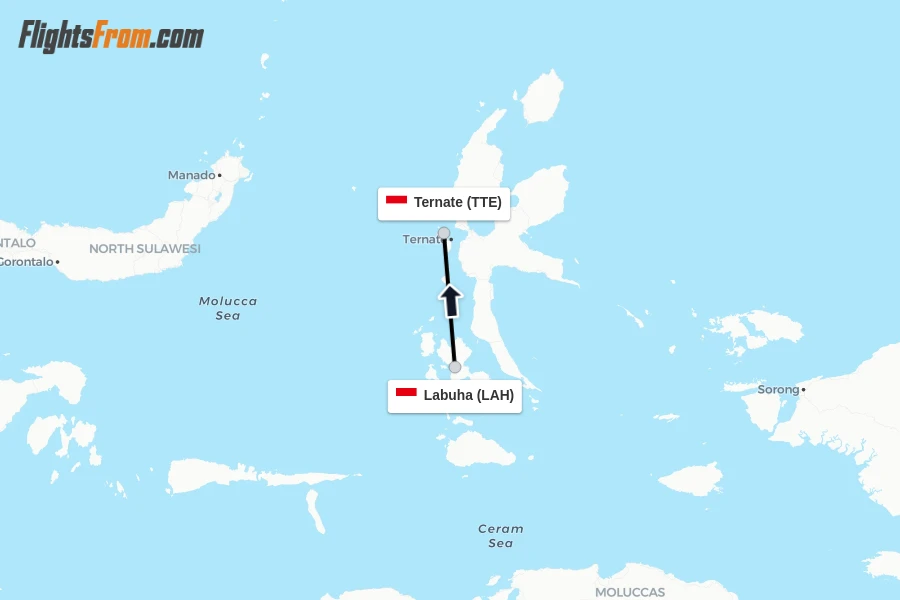 Flights from Labuha to Ternate route map
