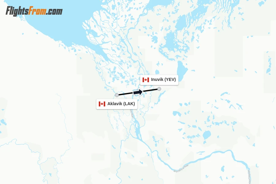 Flights from Aklavik to Inuvik route map