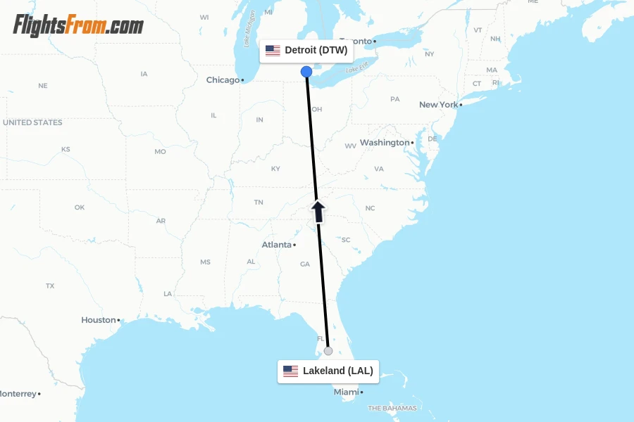 Flights from Lakeland to Detroit route map