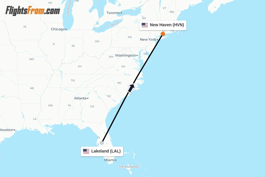 Flights from Lakeland to New Haven route map