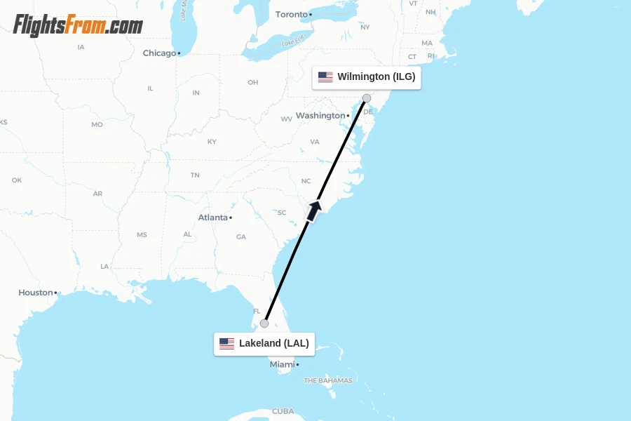 Flights from Lakeland to Wilmington route map