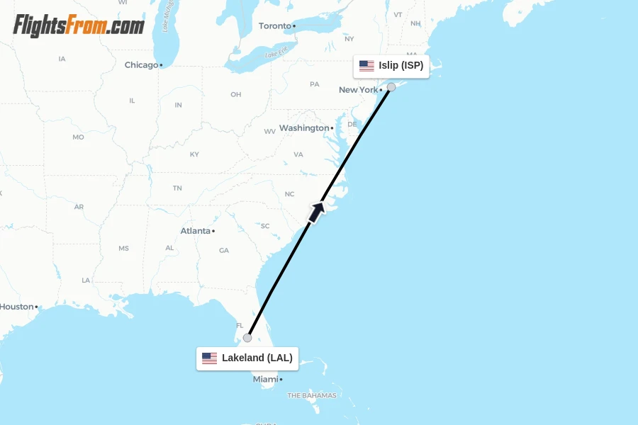 Flights from Lakeland to Islip route map