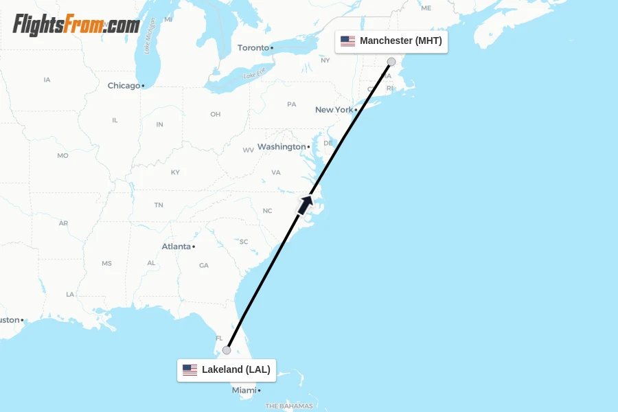 Flights from Lakeland to Manchester route map