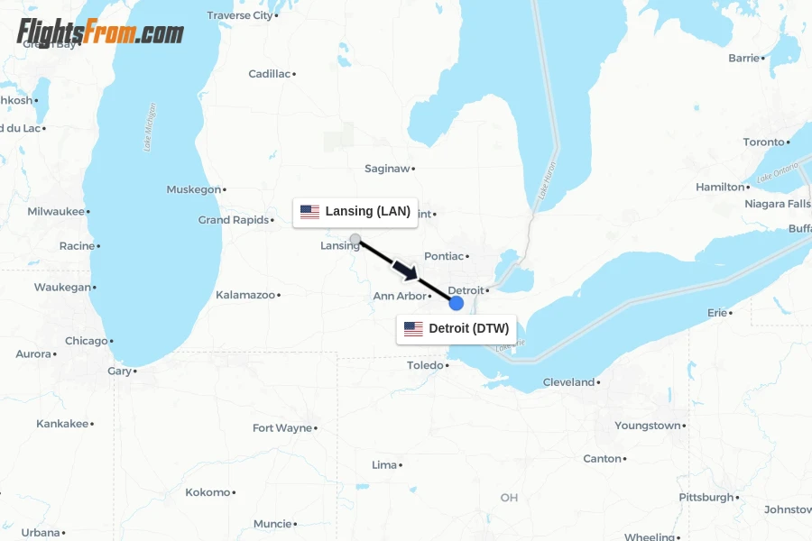 Flights from Lansing to Detroit route map