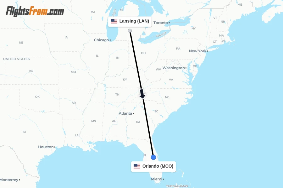 Flights from Lansing to Orlando route map