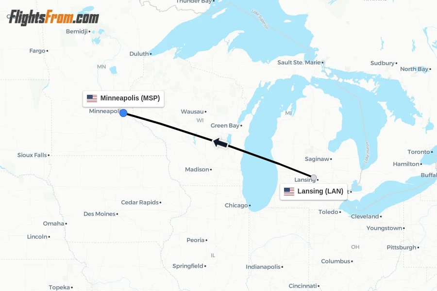 Flights from Lansing to Minneapolis route map