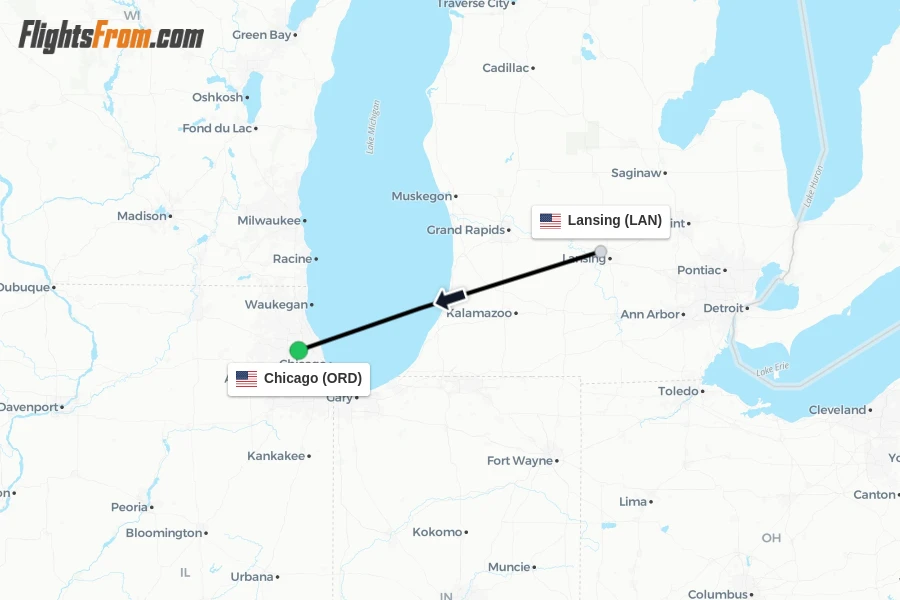 Flights from Lansing to Chicago route map
