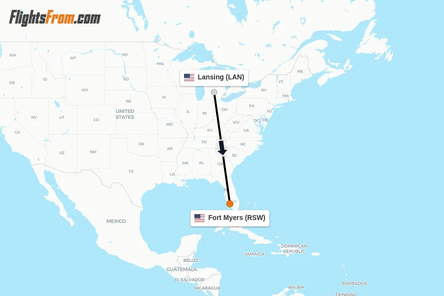 Flights from Lansing to Fort Myers route map