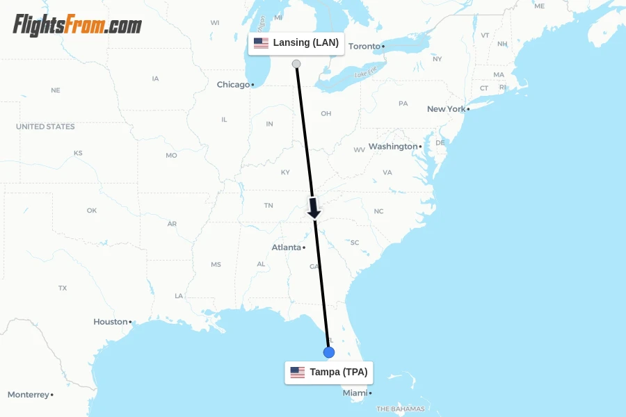 Flights from Lansing to Tampa route map
