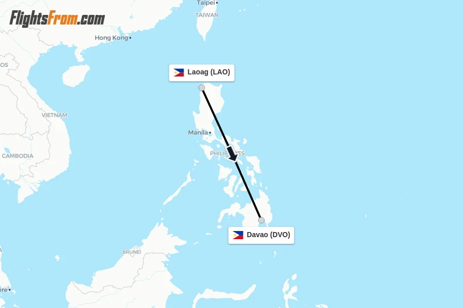 Flights from Laoag to Davao route map