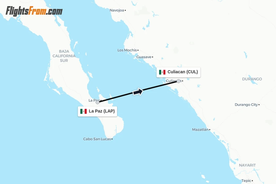 Flights from La Paz to Culiacan route map