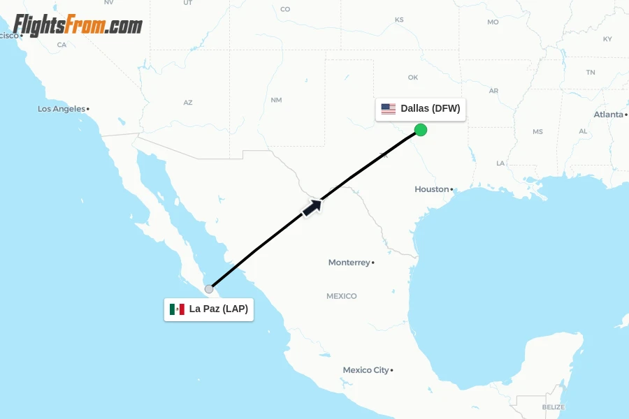 Flights from La Paz to Dallas route map