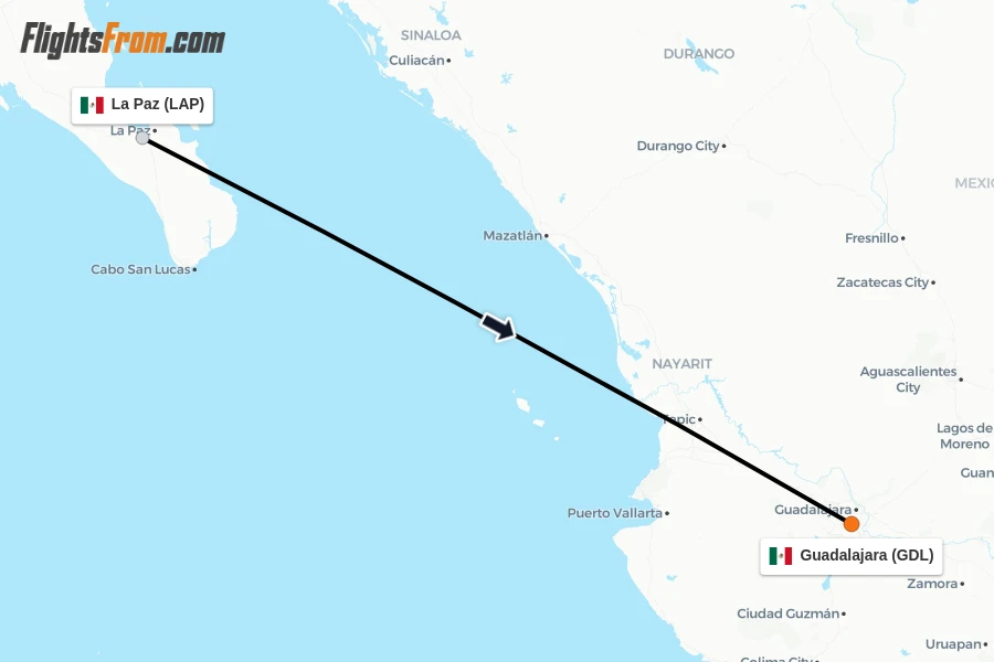 Flights from La Paz to Guadalajara route map