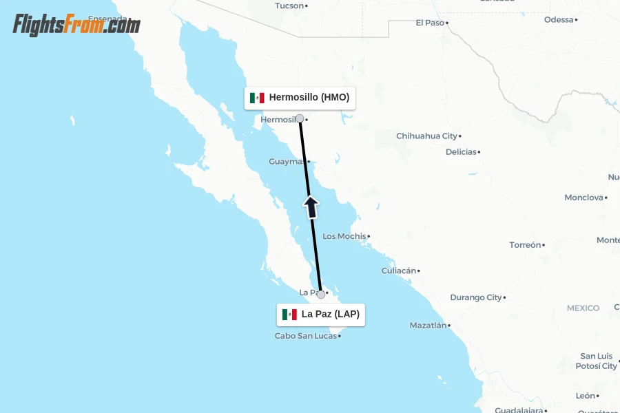 Flights from La Paz to Hermosillo route map