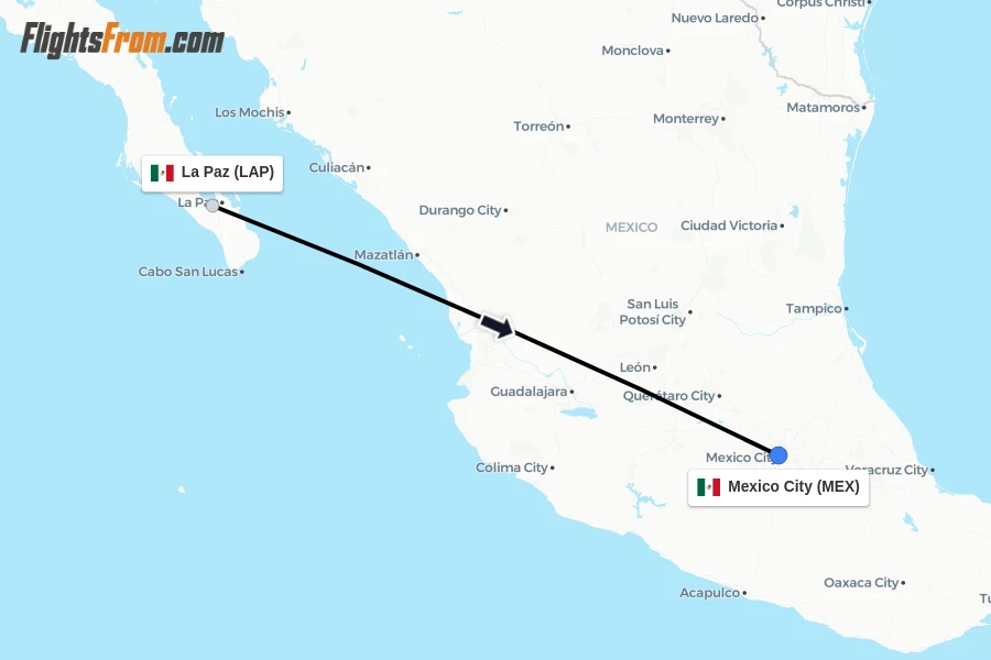 Flights from La Paz to Mexico City route map
