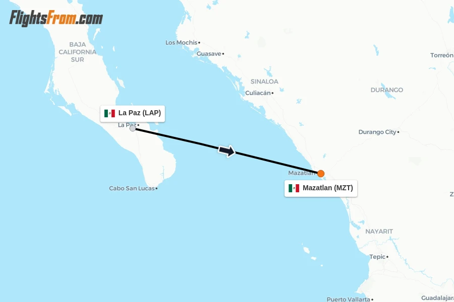 Flights from La Paz to Mazatlan route map