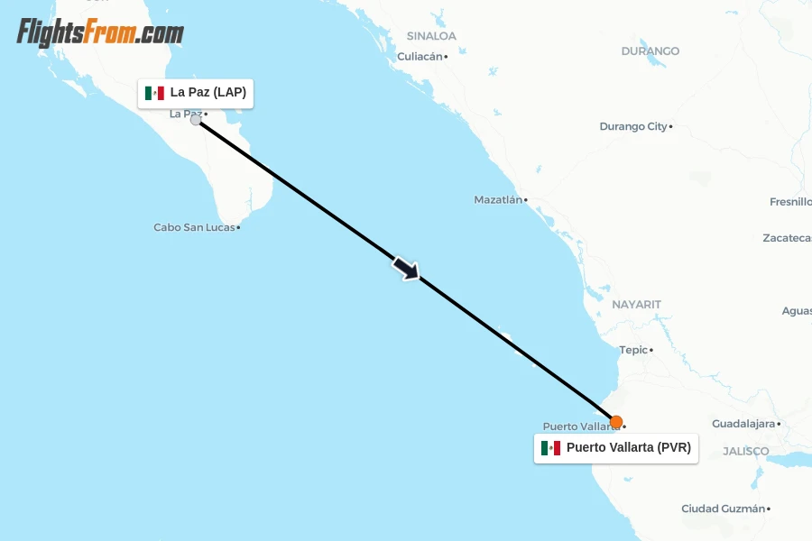 Flights from La Paz to Puerto Vallarta route map