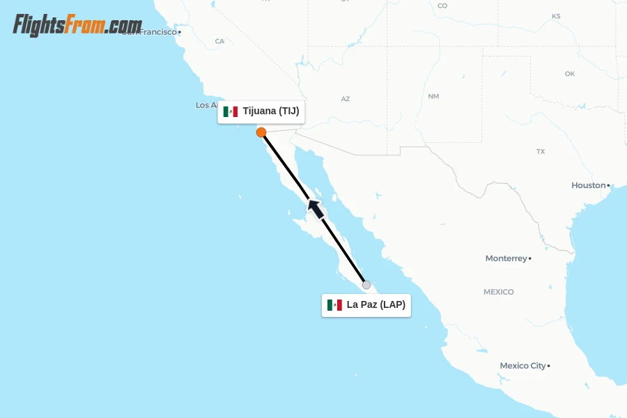 Flights from La Paz to Tijuana route map