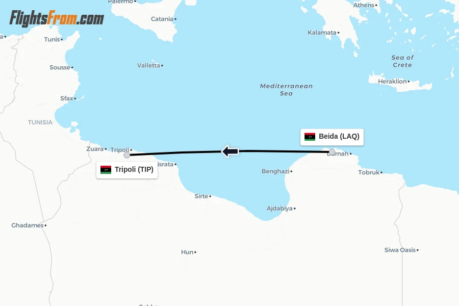 Flights from Beida to Tripoli route map