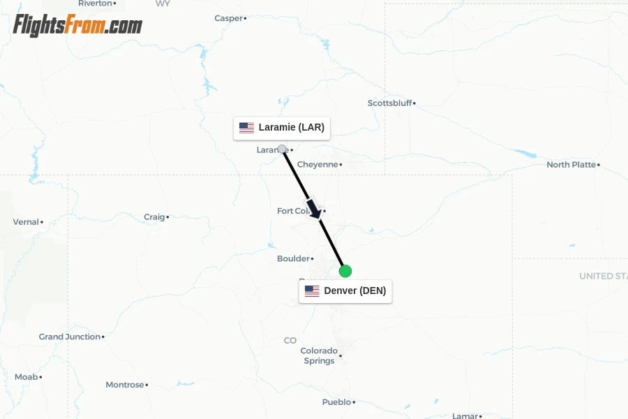 Flights from Laramie to Denver route map