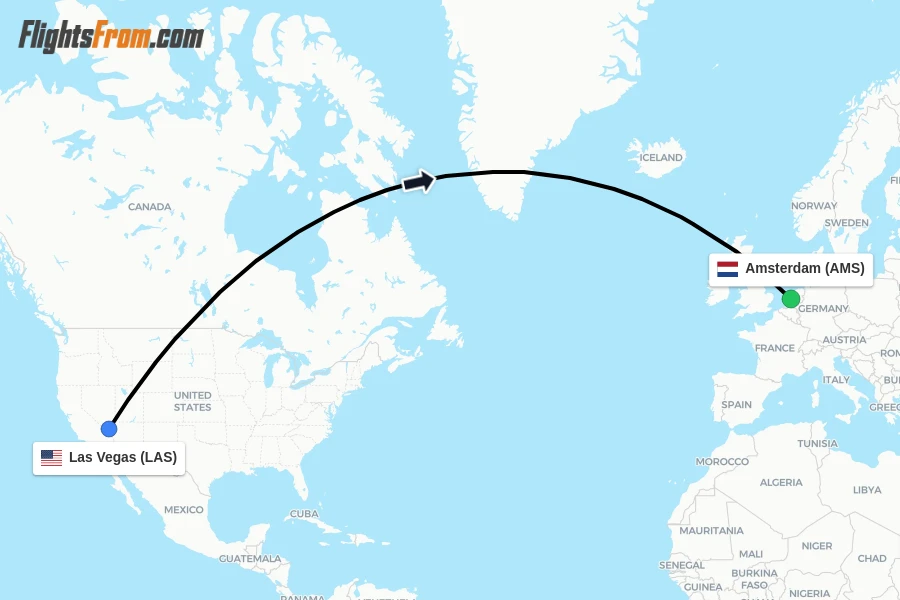 Flights from Las Vegas to Amsterdam route map
