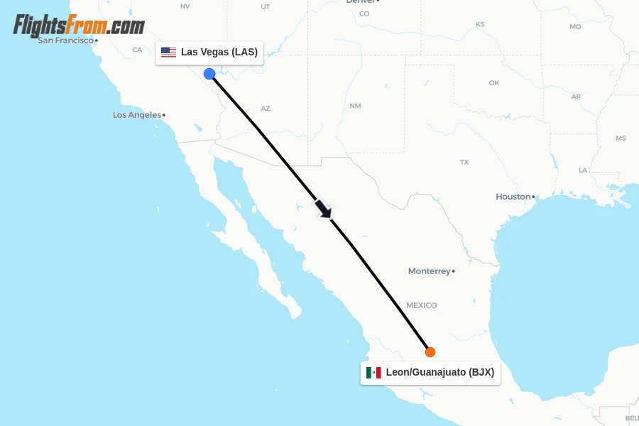 Flights from Las Vegas to Leon/Guanajuato route map