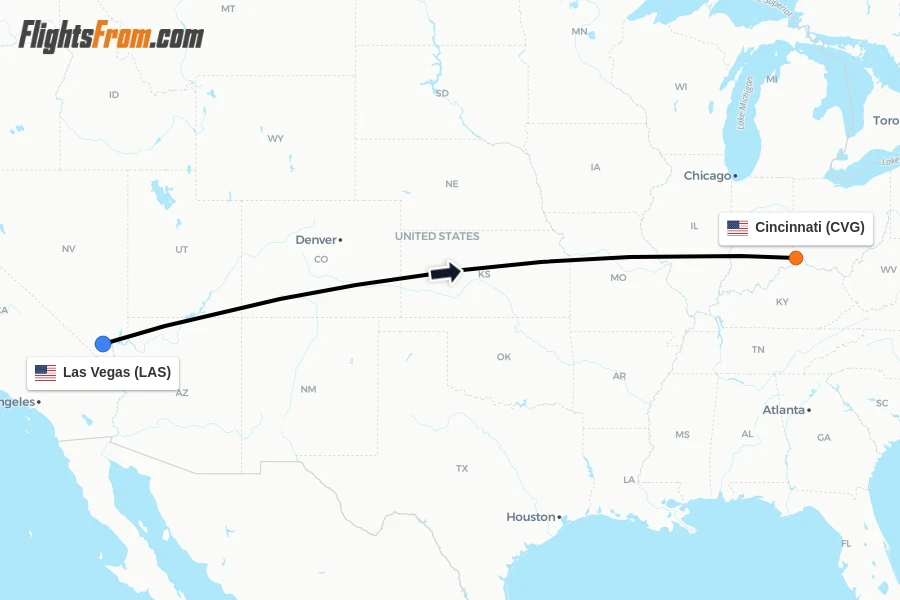 Flights from Las Vegas to Cincinnati route map