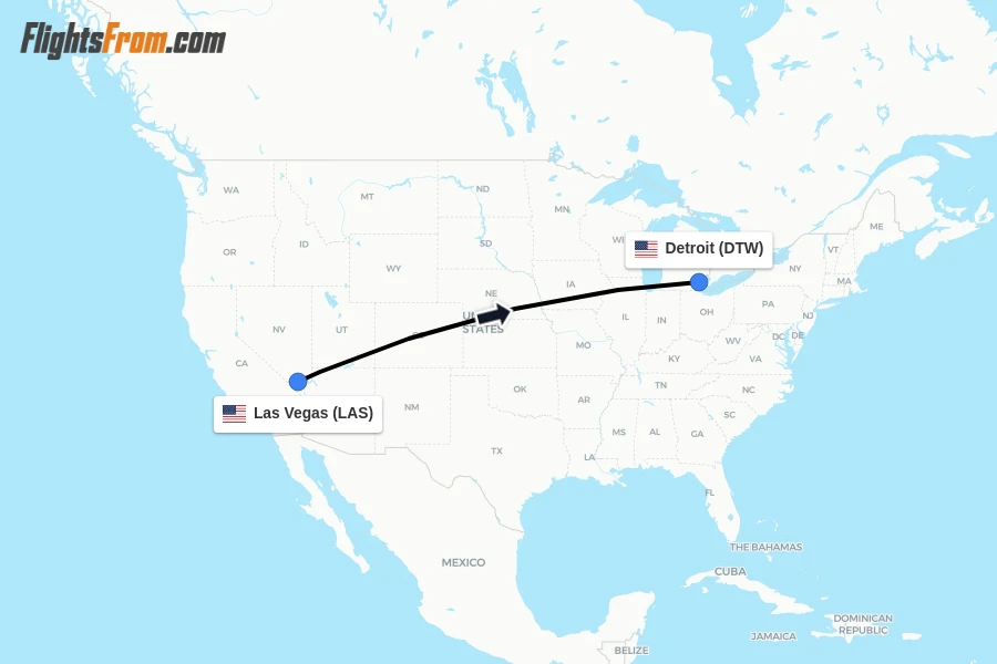 Flights from Las Vegas to Detroit route map