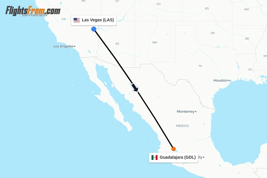 Flights from Las Vegas to Guadalajara route map