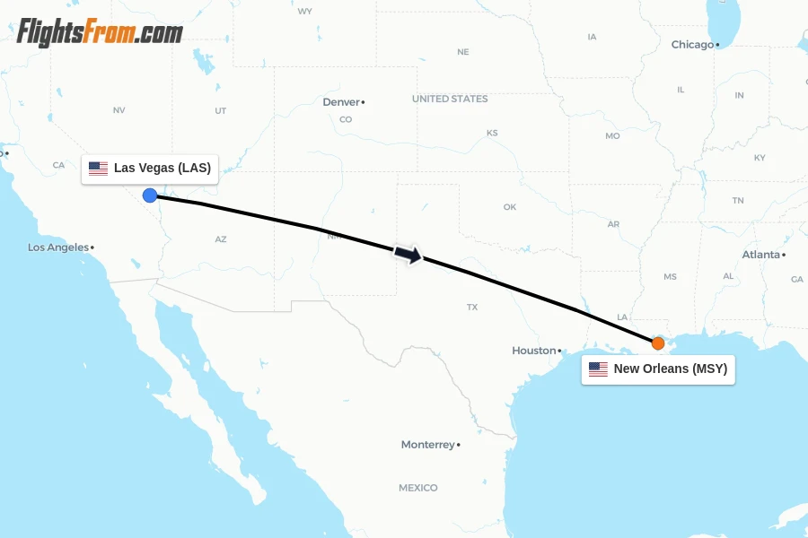 Flights from Las Vegas to New Orleans route map