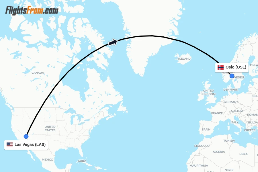 Flights from Las Vegas to Oslo route map