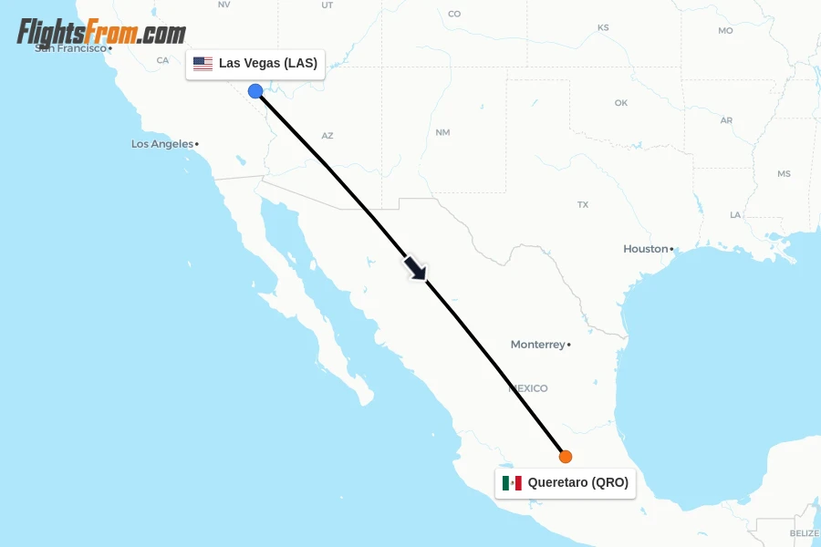 Flights from Las Vegas to Queretaro route map