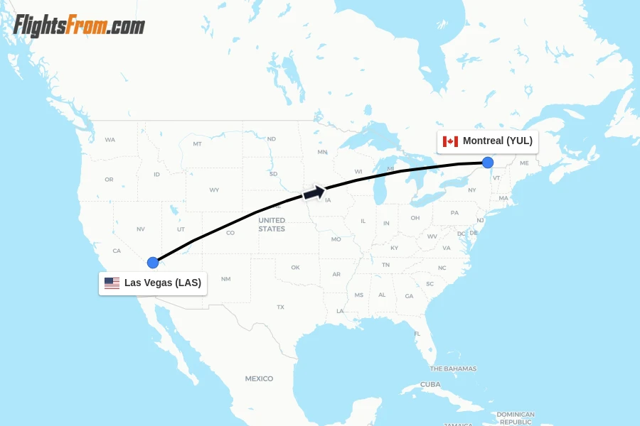 Flights from Las Vegas to Montreal route map