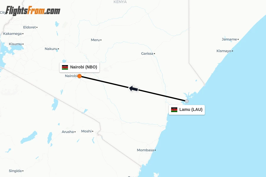 Flights from Lamu to Nairobi route map