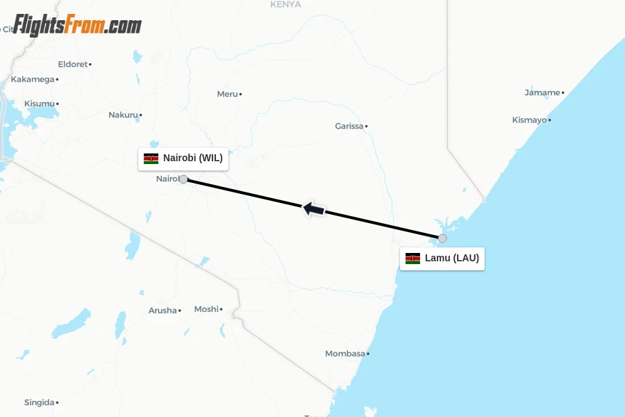 Flights from Lamu to Nairobi route map