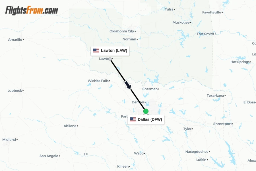 Flights from Lawton to Dallas route map