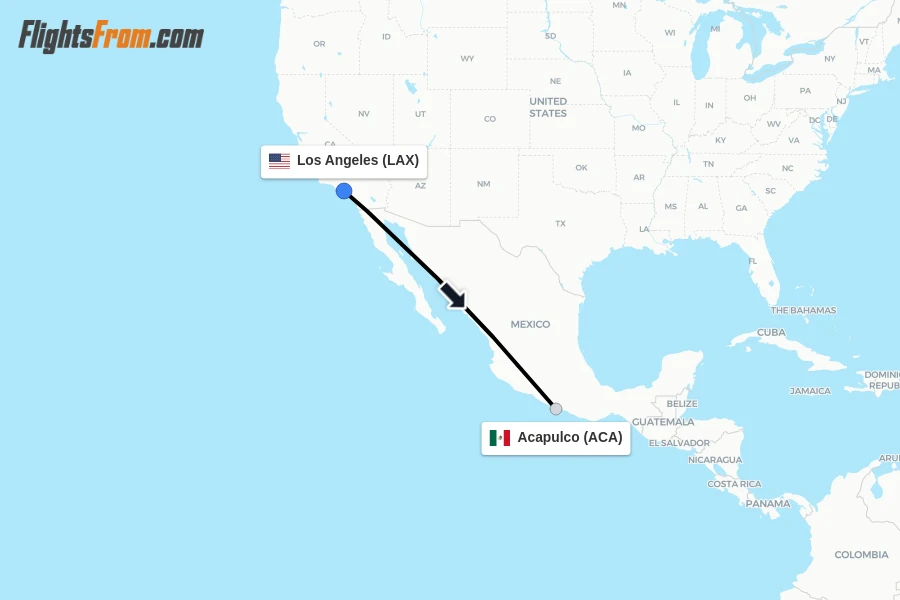 Flights from Los Angeles to Acapulco route map