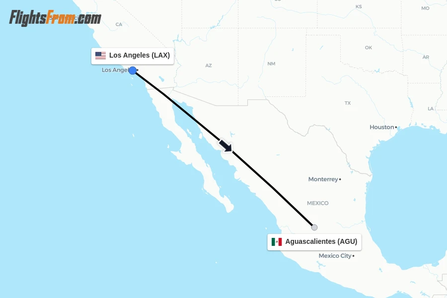 Flights from Los Angeles to Aguascalientes route map