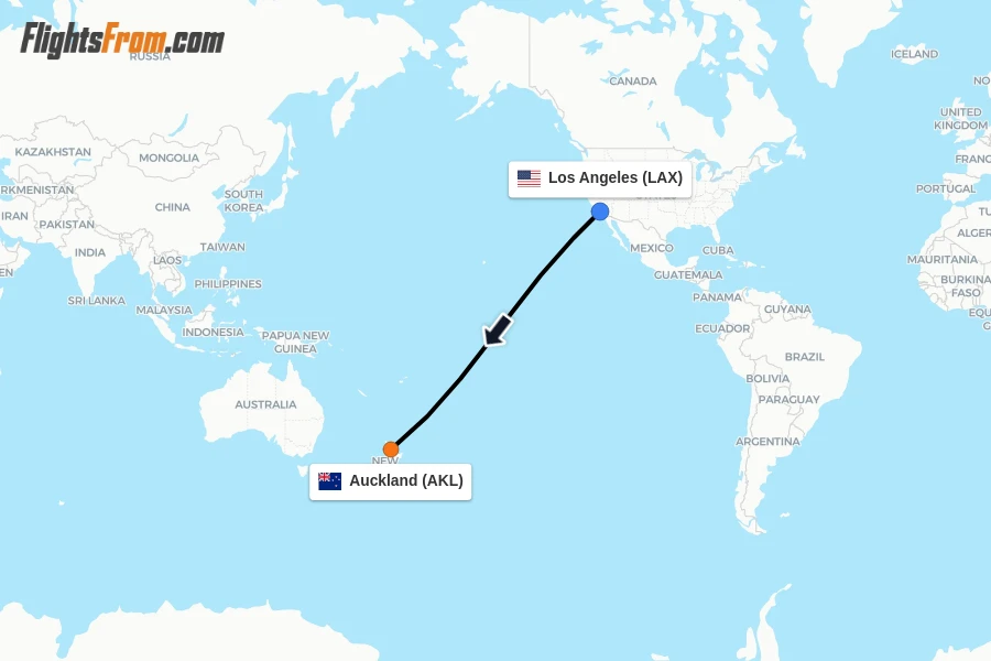 Flights from Los Angeles to Auckland route map