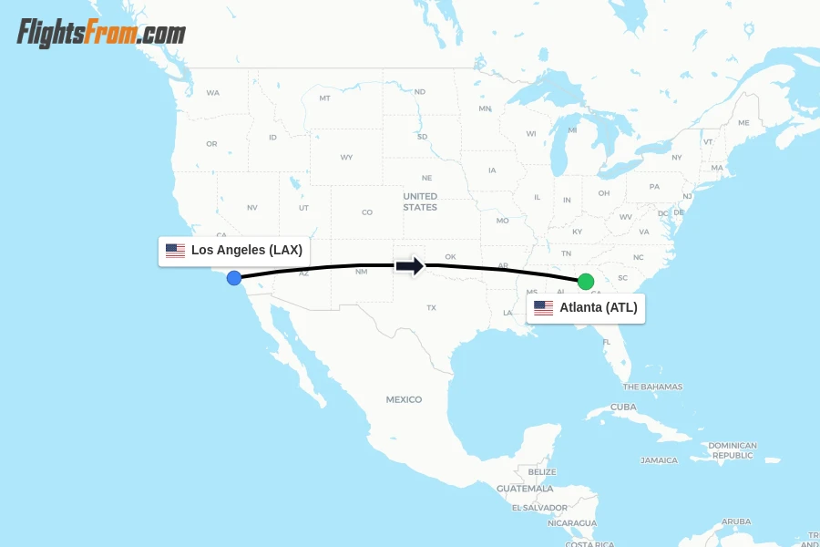 Flights from Los Angeles to Atlanta route map
