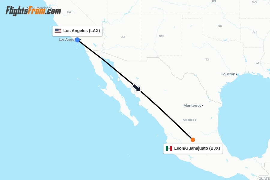 Flights from Los Angeles to Leon/Guanajuato route map