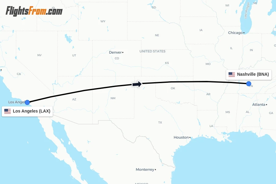 Flights from Los Angeles to Nashville route map