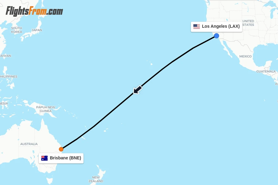 Flights from Los Angeles to Brisbane route map