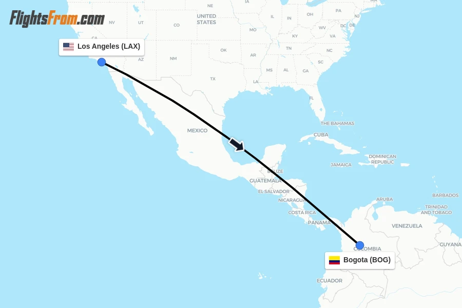 Flights from Los Angeles to Bogota route map