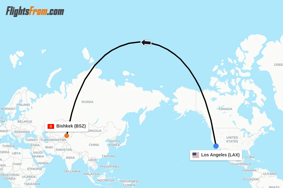 Flights from Los Angeles to Bishkek route map