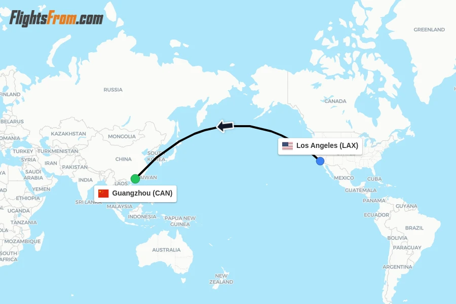 Flights from Los Angeles to Guangzhou route map