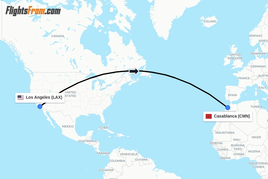 Flights from Los Angeles to Casablanca route map