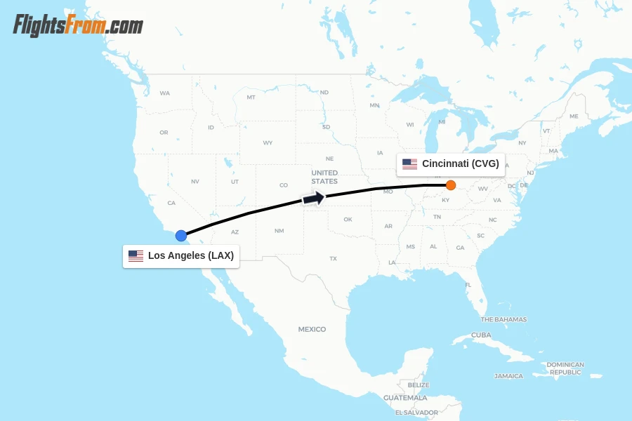 Flights from Los Angeles to Cincinnati route map