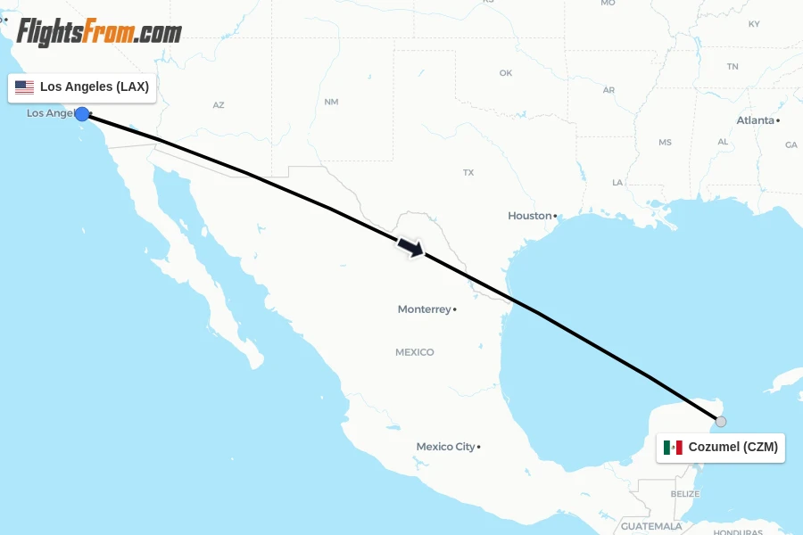 Flights from Los Angeles to Cozumel route map